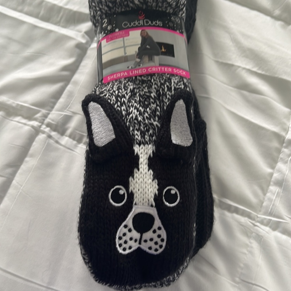 CUDDL DUDS women’s Sherpa lined critter sock 2 pair pack in Cat, one size